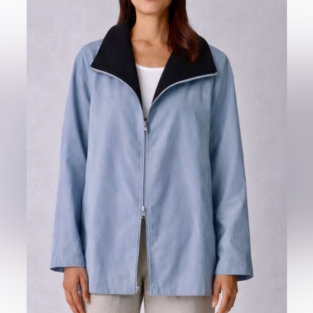 EILEEN FISHER Light Blue Nylon Wool Blend Zip Front Long Sleeve Jacket medium